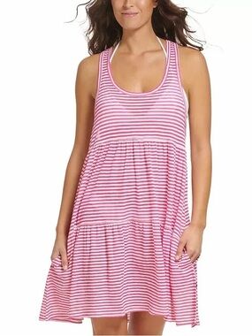 Tommy Hilfiger Pink and White Striped Racerback Swim Cover-Up